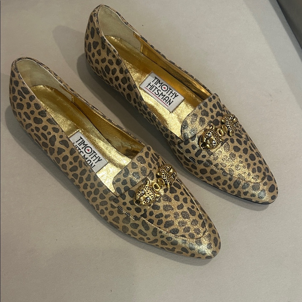 Timothy Hitsman Animal Print Flats with Gold tiger & rhinestone Accents